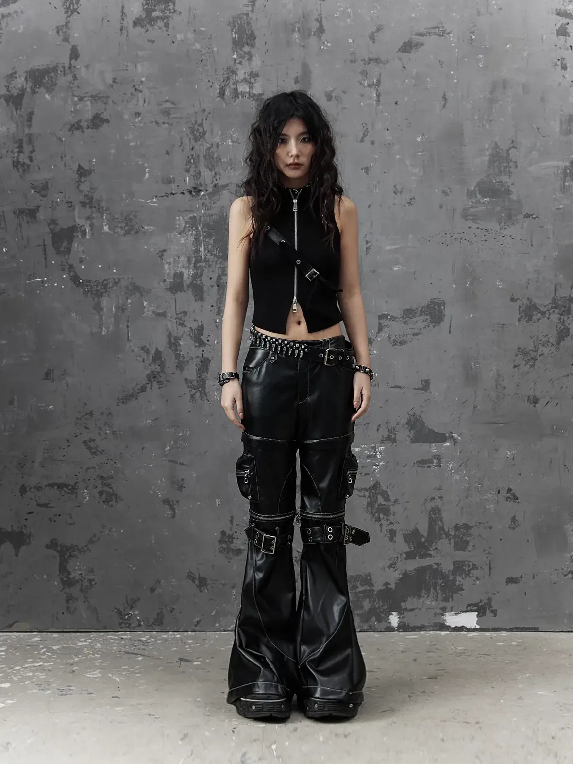 Frustration Garden Detachable Metal Punk Flared Leather Pants