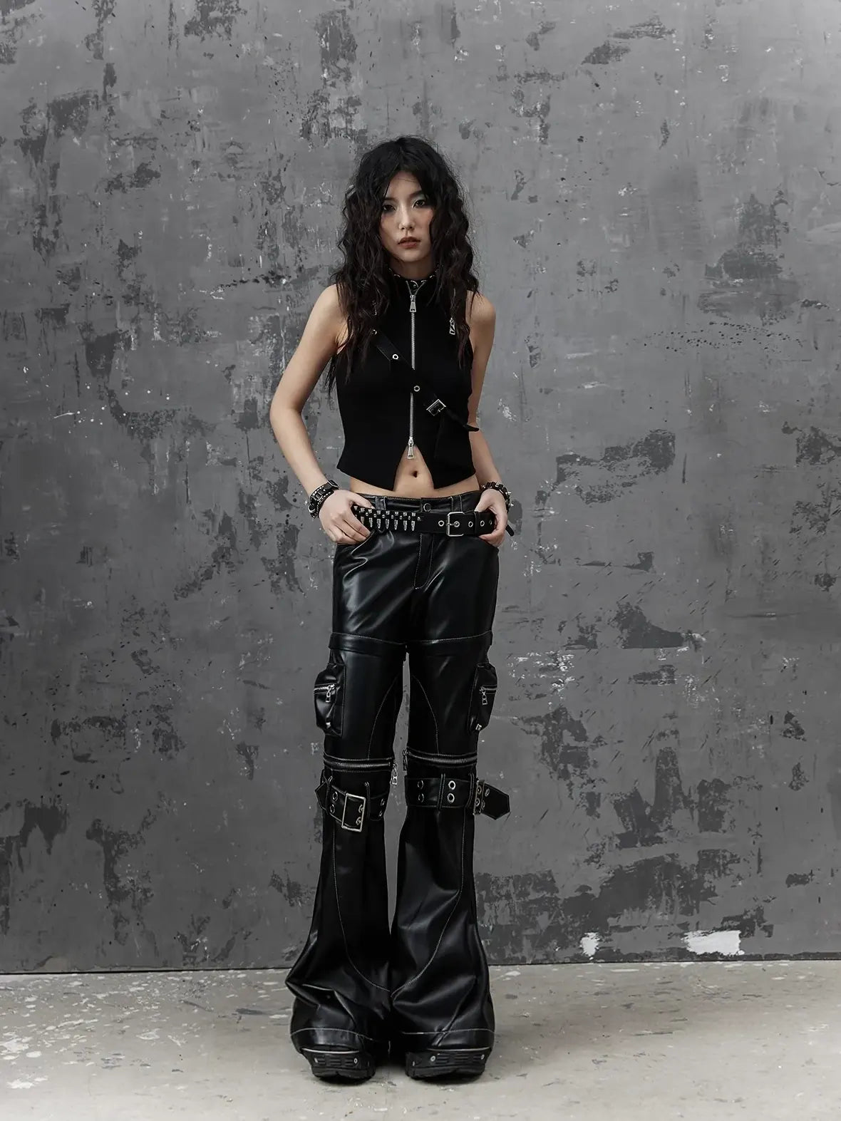 Frustration Garden Detachable Metal Punk Flared Leather Pants