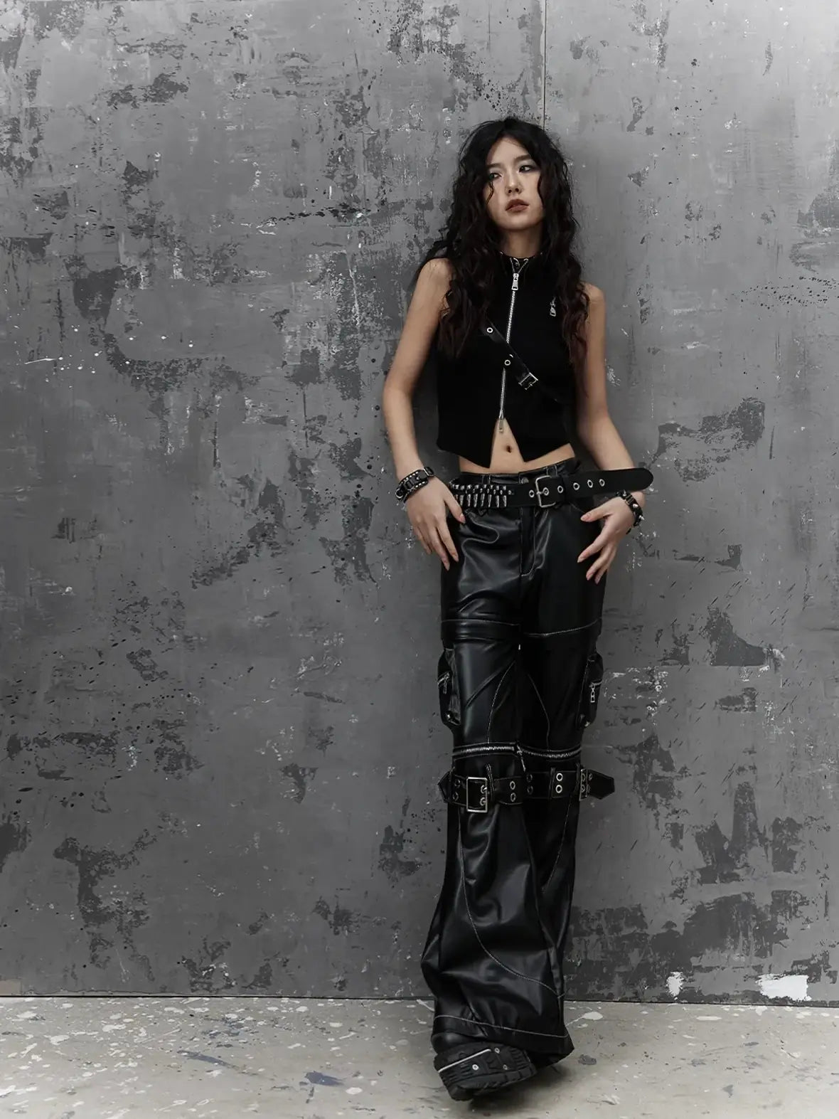 Frustration Garden Detachable Metal Punk Flared Leather Pants
