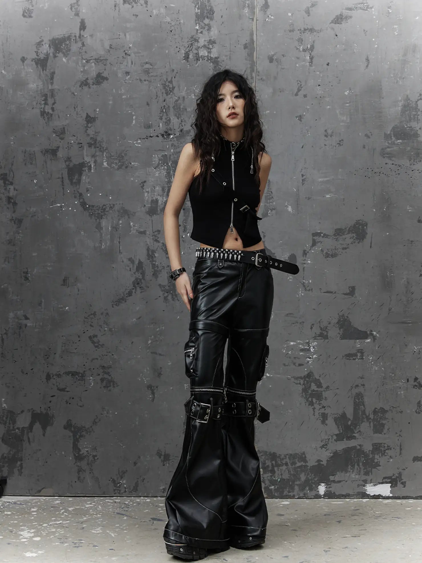 Frustration Garden Detachable Tri Section Punk Flared Leather Pants