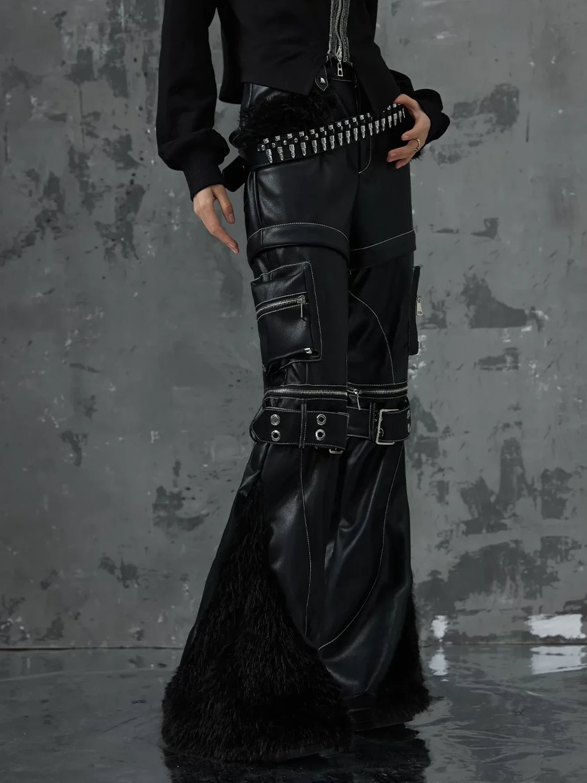 Frustration Garden Detachable Tri Section Punk Flared Leather Pants