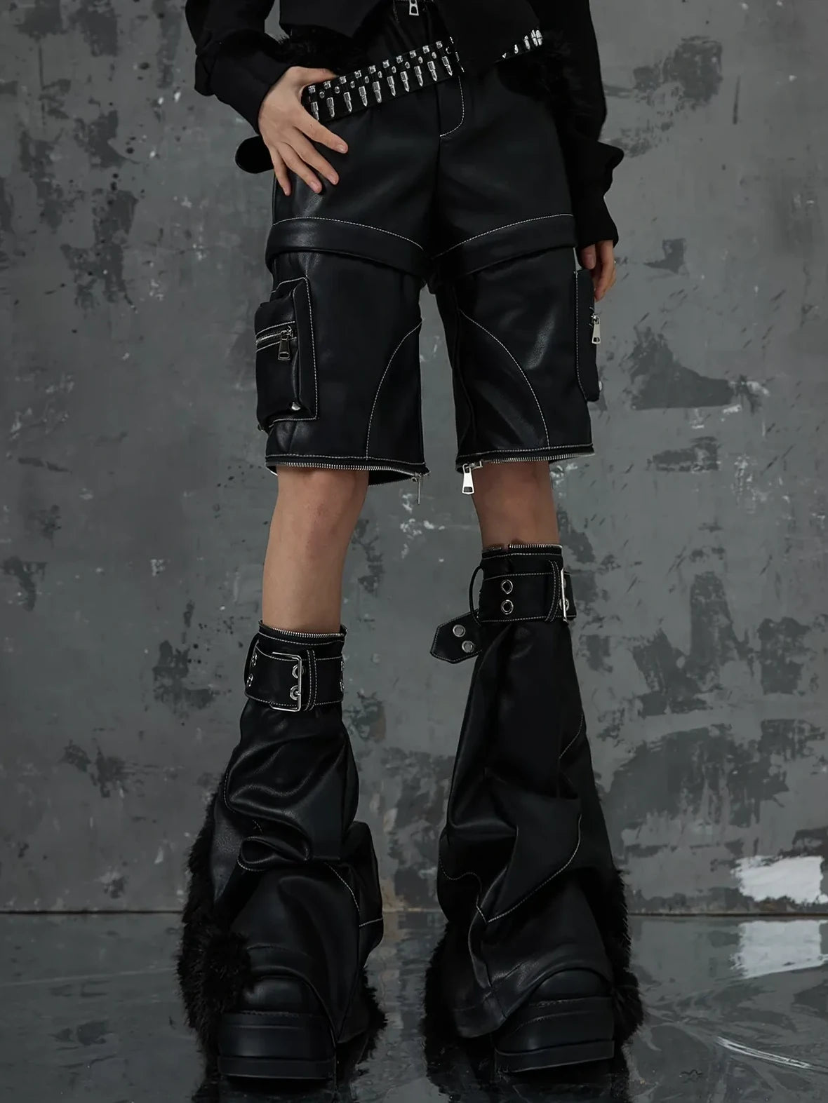 Frustration Garden Detachable Tri Section Punk Flared Leather Pants