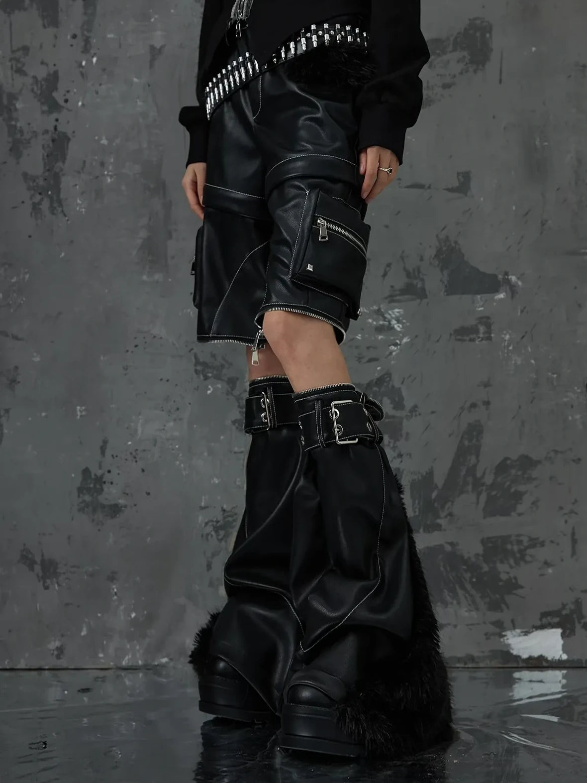 Frustration Garden Detachable Tri Section Punk Flared Leather Pants