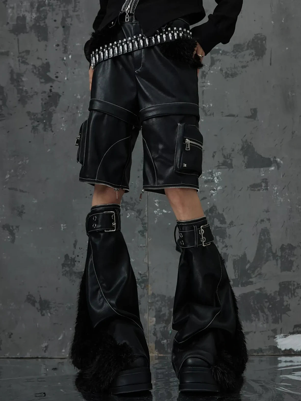 Frustration Garden Detachable Tri Section Punk Flared Leather Pants