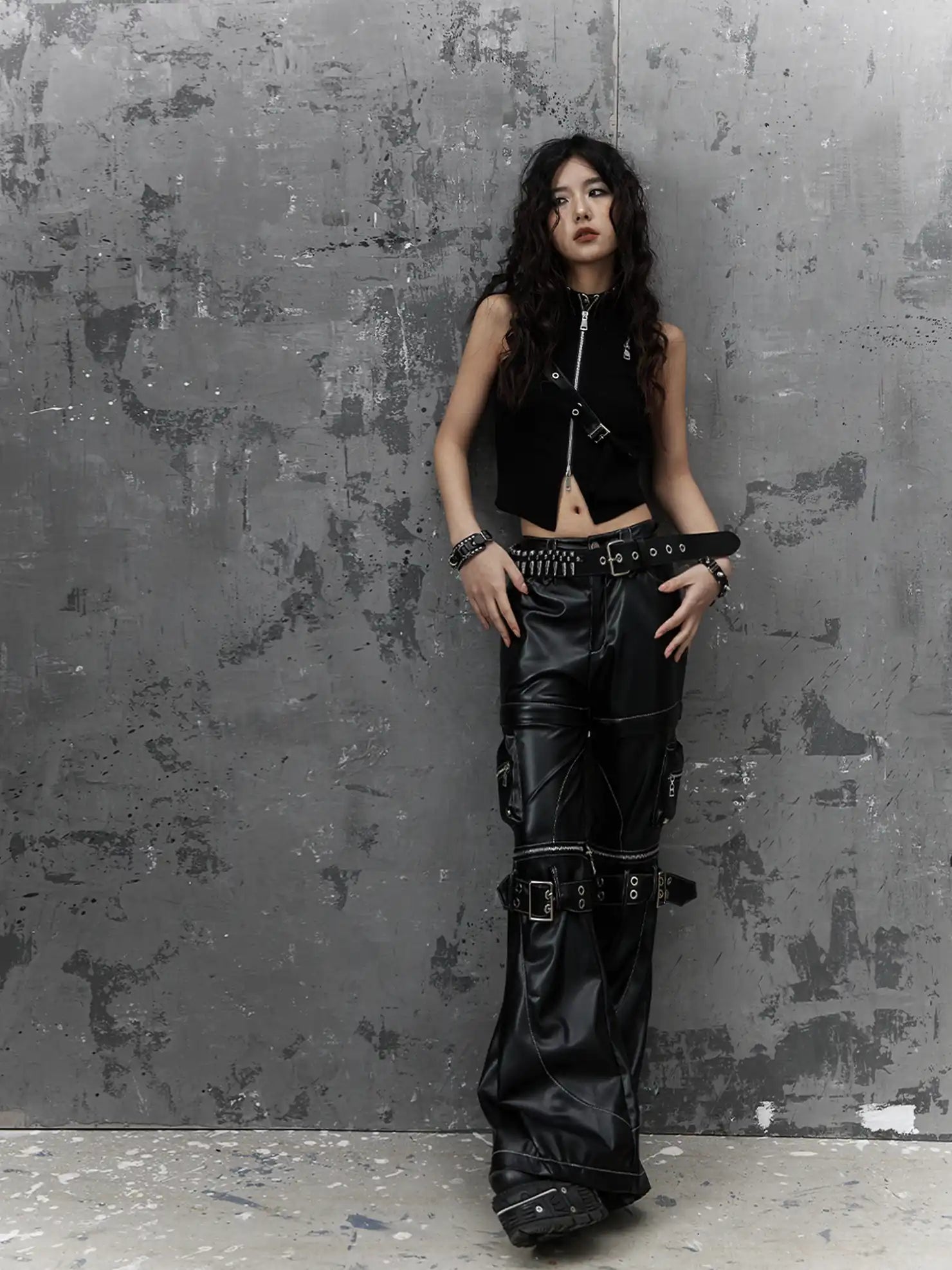 Frustration Garden Detachable Tri Section Punk Flared Leather Pants