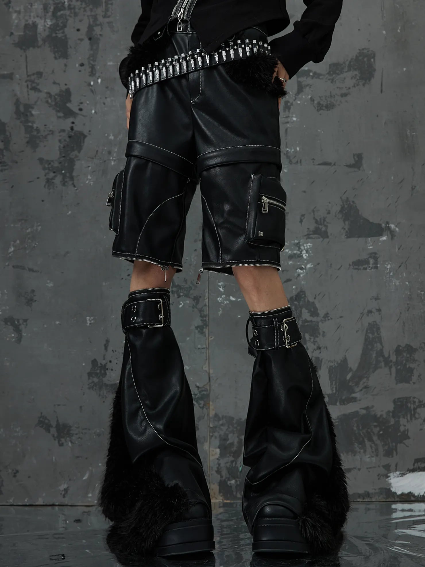 Frustration Garden Detachable Tri Section Punk Flared Leather Pants