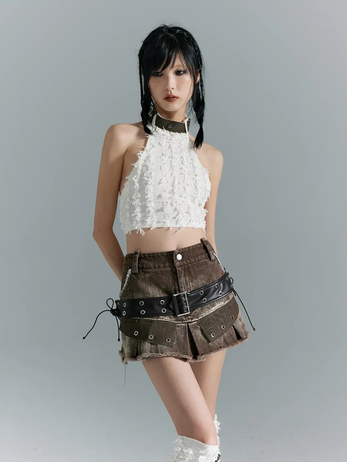 Frustration Garden Distressed Denim A Line Mini Skirt