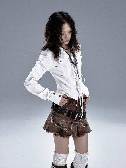 Frustration Garden Distressed Denim A Line Mini Skirt