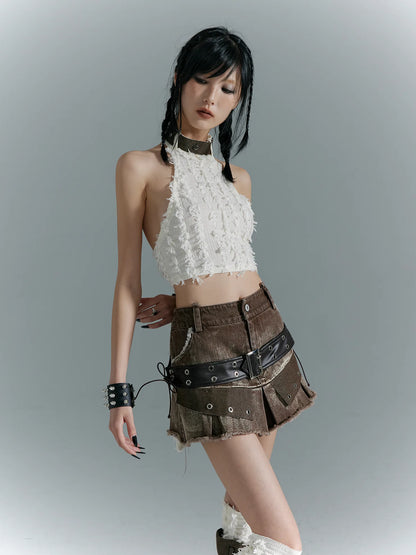 Frustration Garden Distressed Denim A Line Mini Skirt