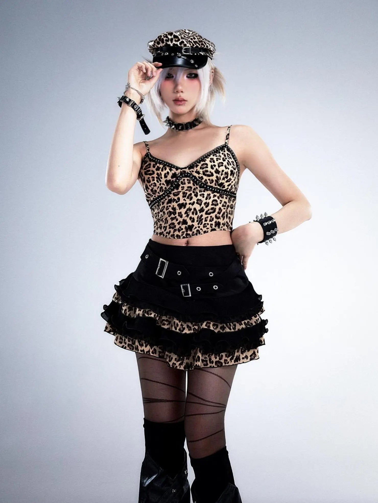 Frustration Garden Distressed Floral Leopard Print A Line Tiered Skirt