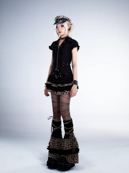 Frustration Garden Distressed Floral Leopard Print A Line Tiered Skirt