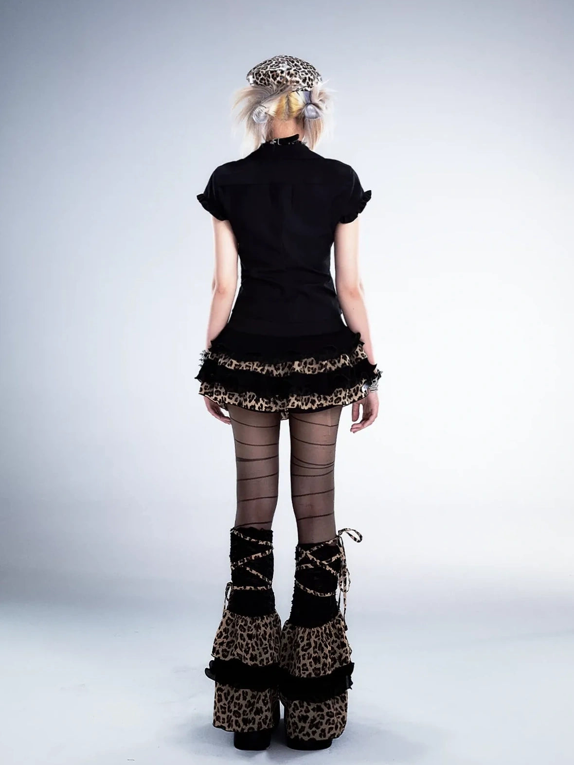 Frustration Garden Distressed Floral Leopard Print A Line Tiered Skirt