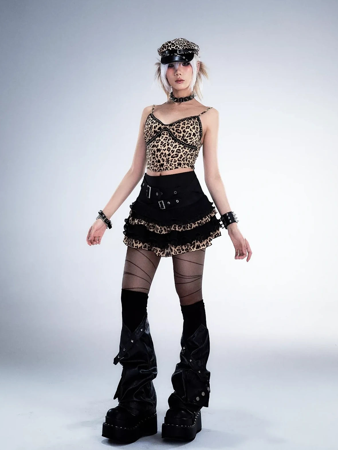 Frustration Garden Distressed Floral Leopard Print A Line Tiered Skirt