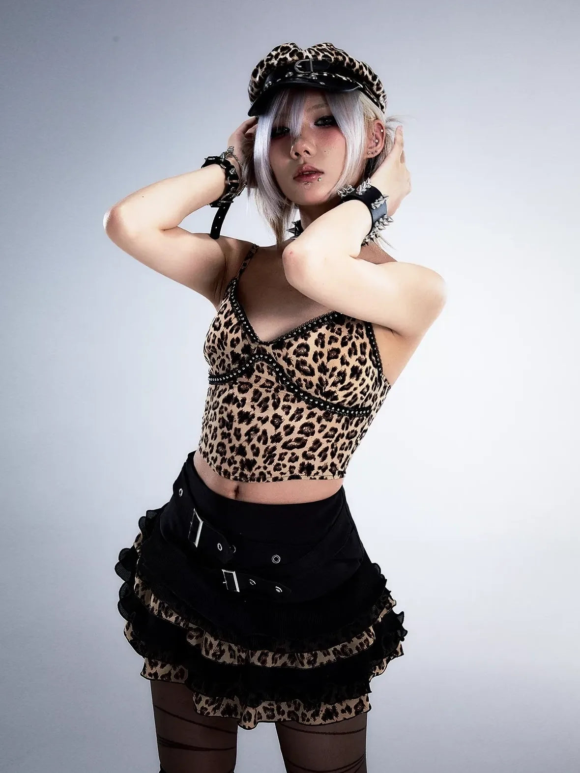 Frustration Garden Distressed Floral Leopard Print A Line Tiered Skirt