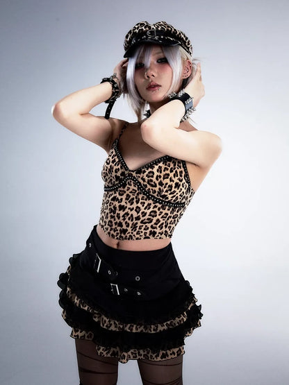 Frustration Garden Distressed Floral Leopard Print A Line Tiered Skirt