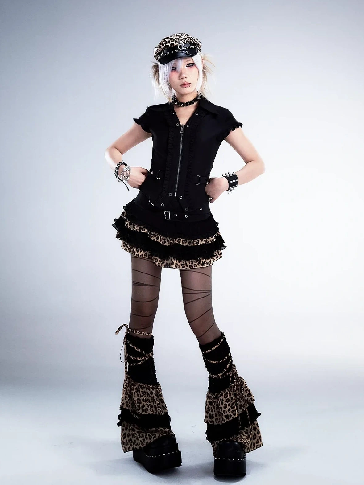 Frustration Garden Distressed Floral Leopard Print A Line Tiered Skirt