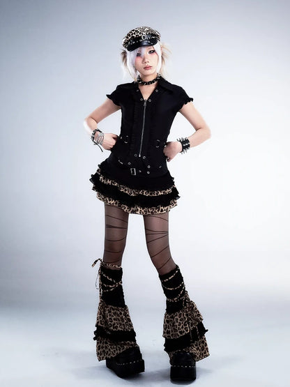 Frustration Garden Distressed Floral Leopard Print A Line Tiered Skirt