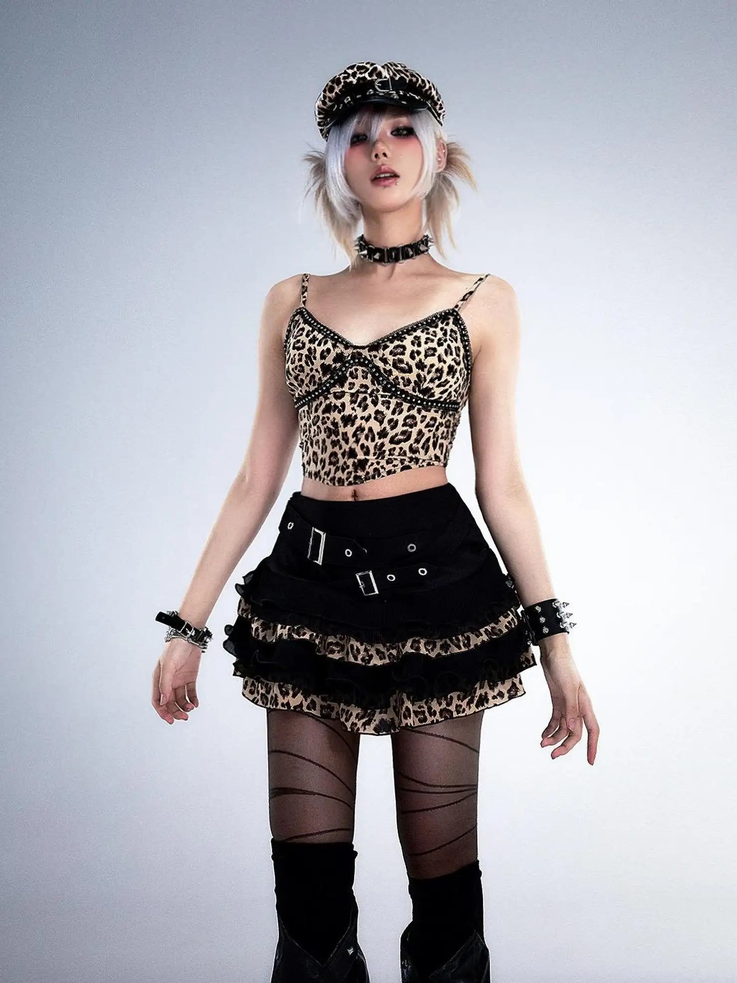 Frustration Garden Distressed Floral Leopard Print A Line Tiered Skirt