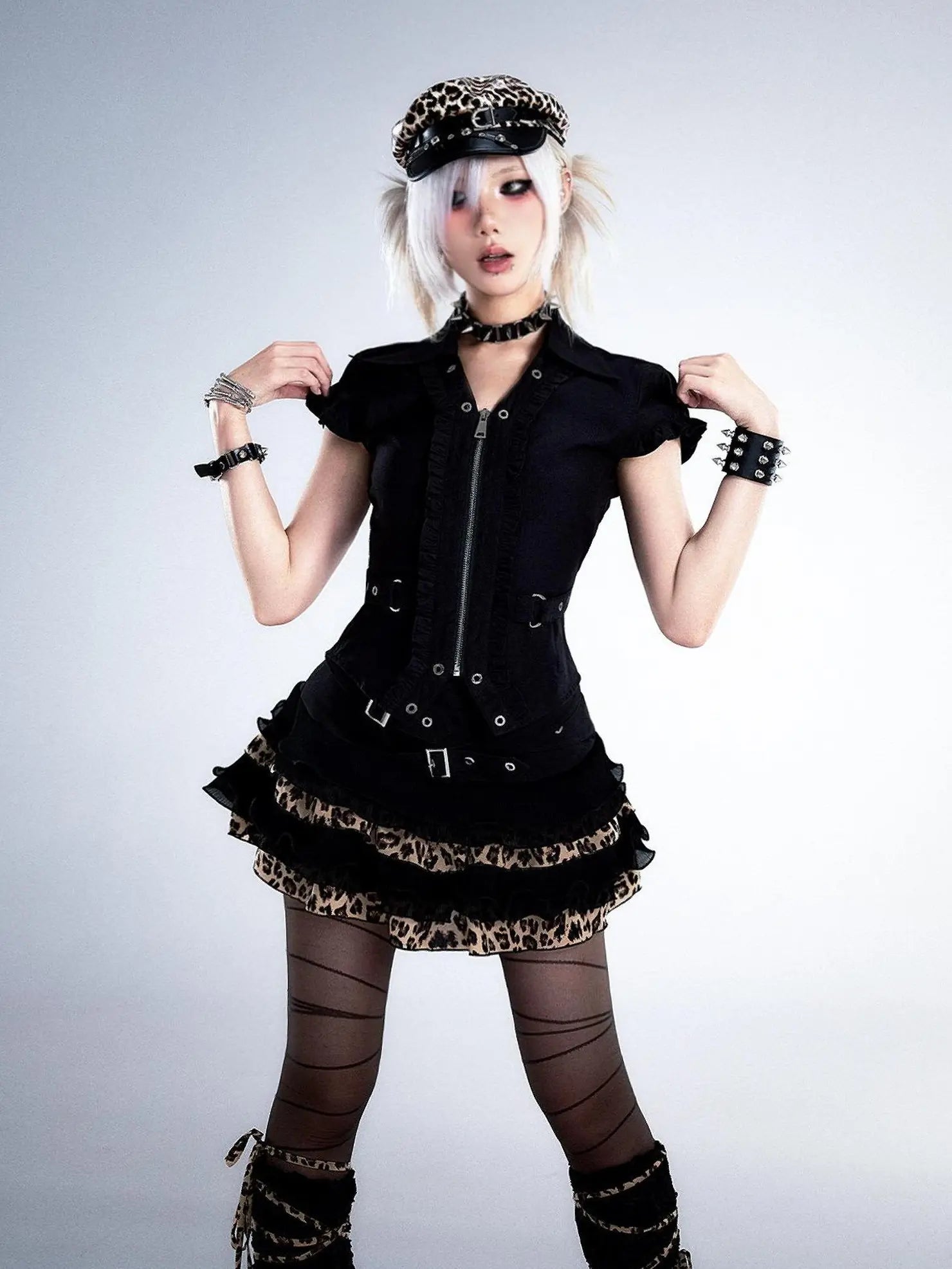 Frustration Garden Distressed Floral Leopard Print A Line Tiered Skirt