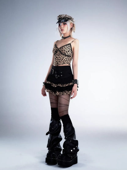 Frustration Garden Distressed Floral Leopard Print A Line Tiered Skirt