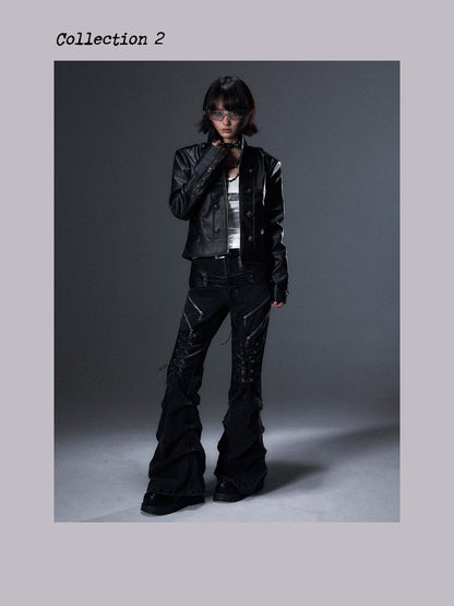 Frustration Garden Distressed Pleated Tie Strap Leather Patch Low Rise Women&