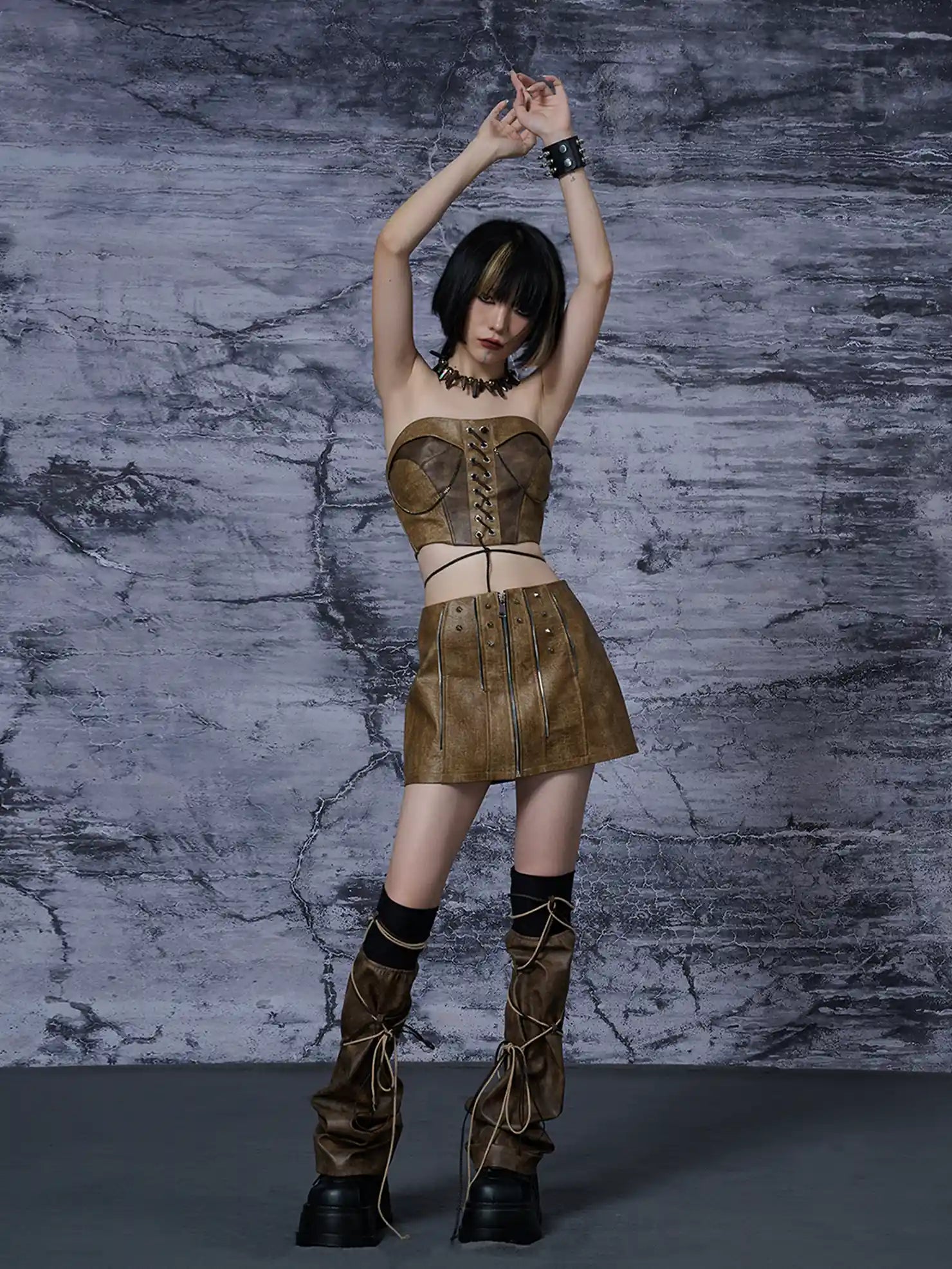 Frustration Garden Distressed Pu Leather Punk Mini Skirt