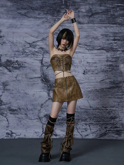 Frustration Garden Distressed Pu Leather Punk Mini Skirt