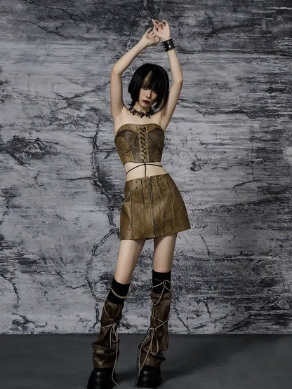 Frustration Garden Distressed Pu Leather Punk Mini Skirt