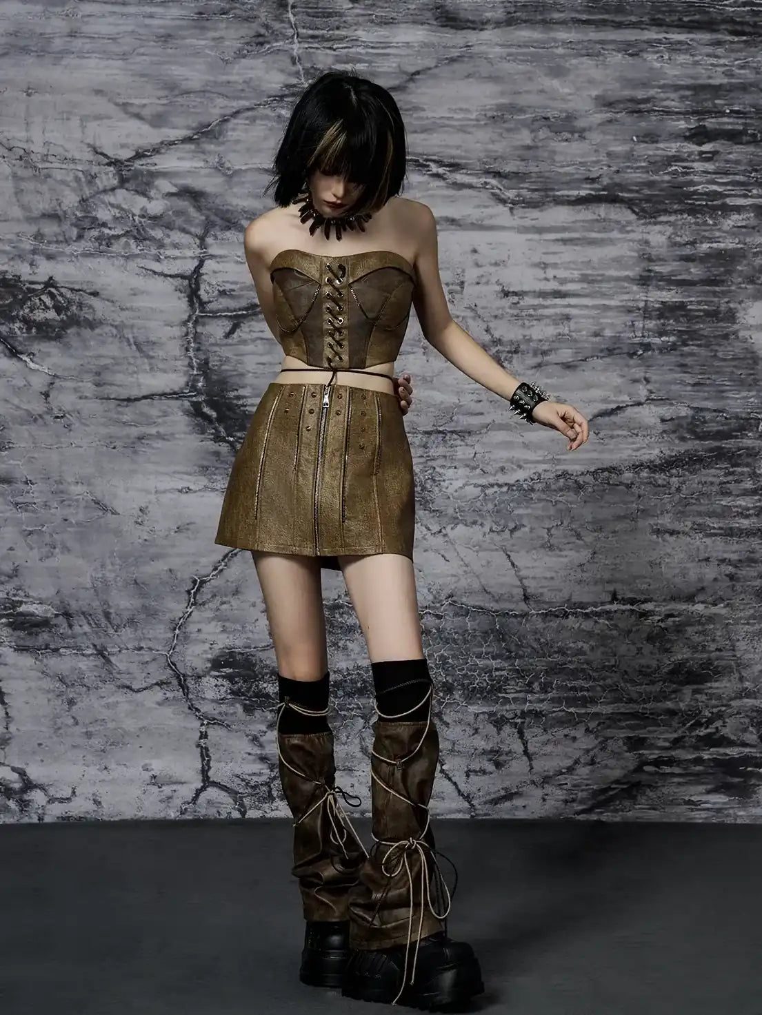 Frustration Garden Distressed Pu Leather Punk Mini Skirt