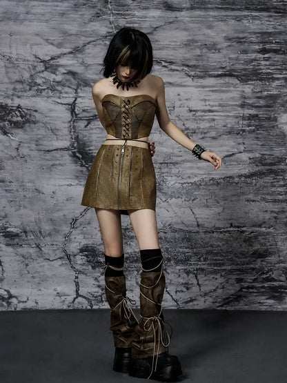 Frustration Garden Distressed Pu Leather Punk Mini Skirt