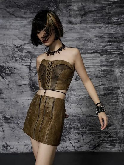 Frustration Garden Distressed Pu Leather Punk Mini Skirt