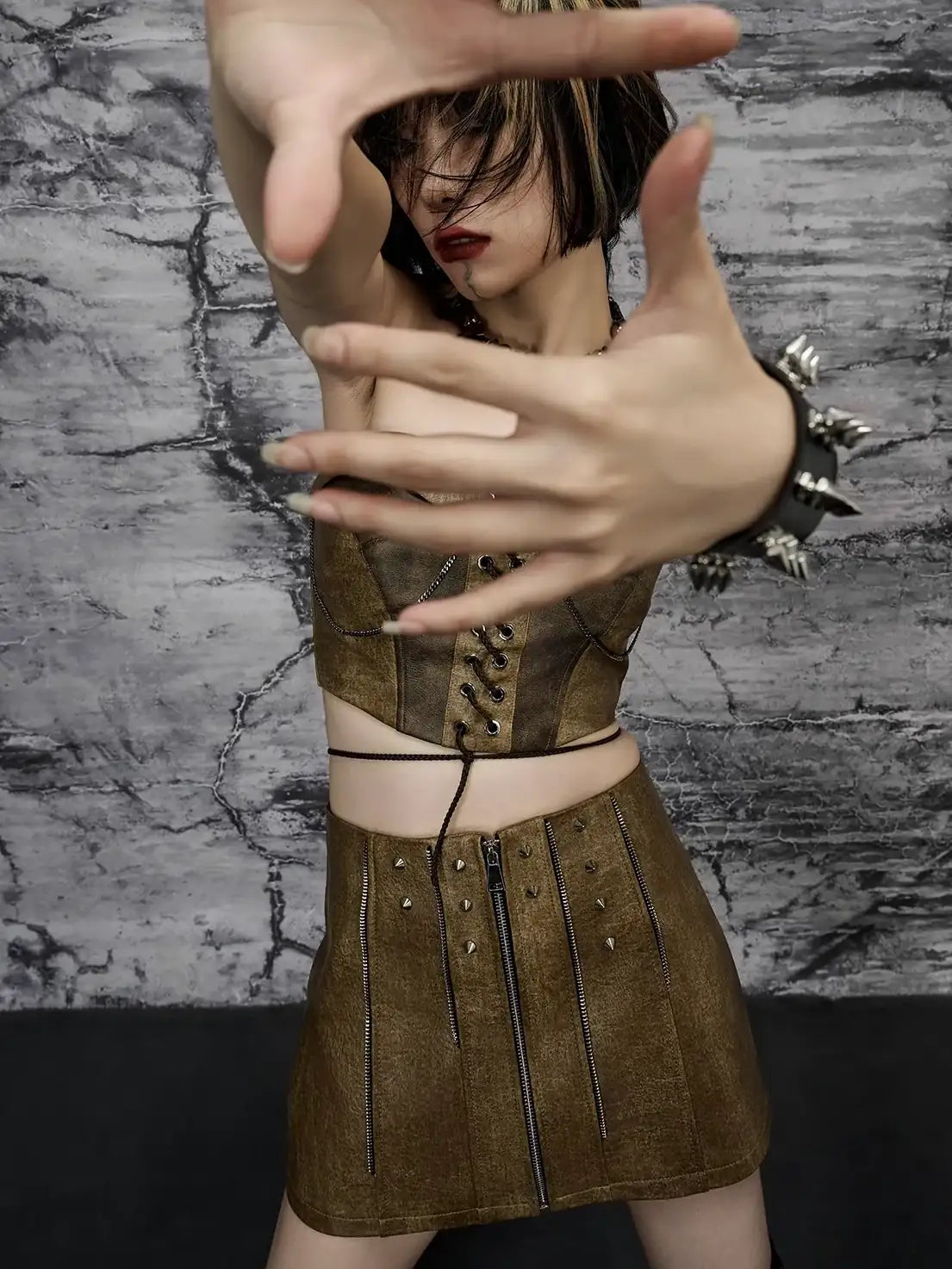 Frustration Garden Distressed Pu Leather Punk Mini Skirt