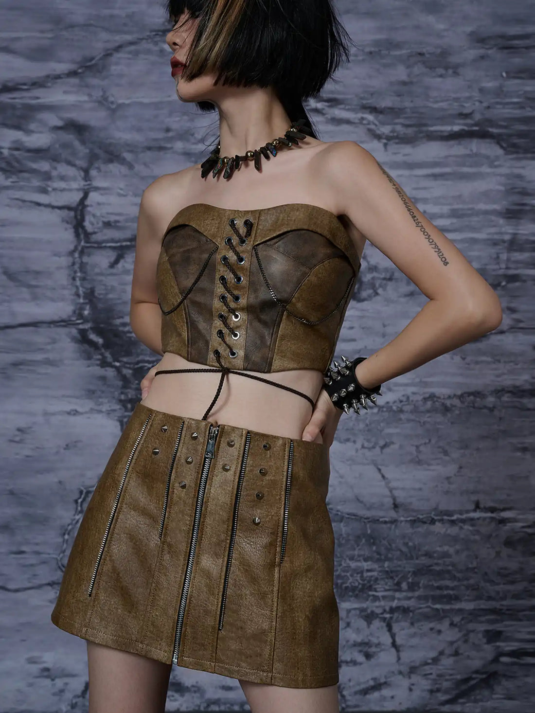 Frustration Garden Distressed Pu Leather Punk Mini Skirt