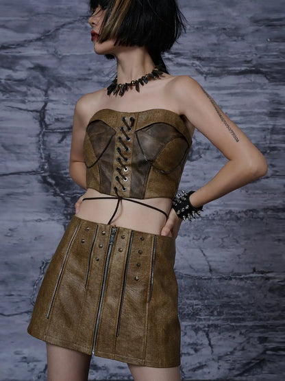 Frustration Garden Distressed Pu Leather Punk Mini Skirt