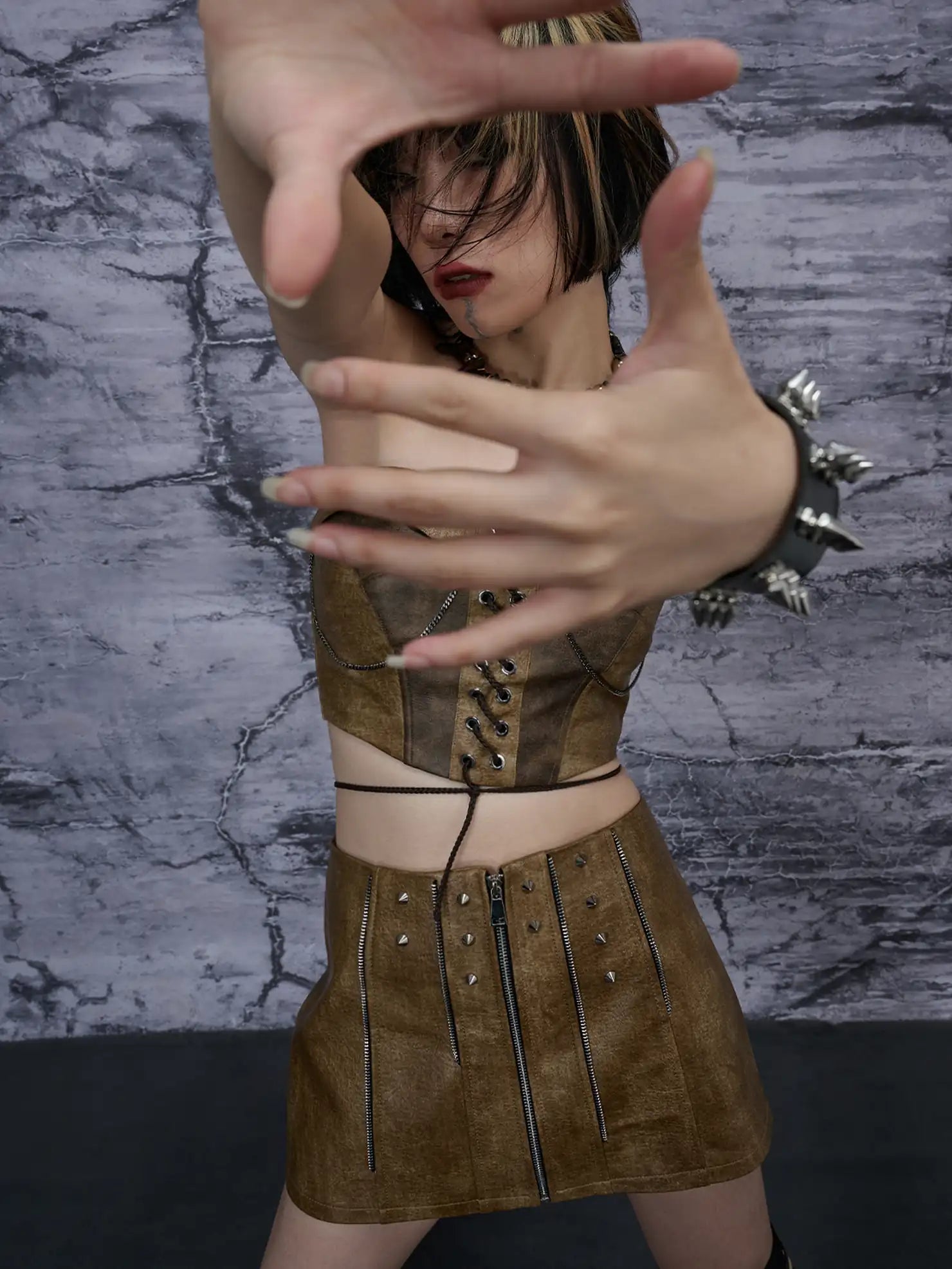 Frustration Garden Distressed Pu Leather Punk Mini Skirt