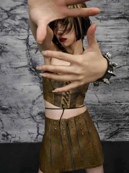 Frustration Garden Distressed Pu Leather Punk Mini Skirt