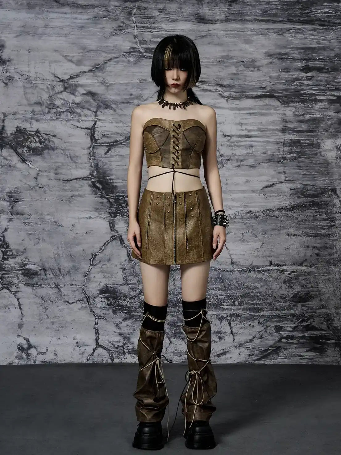 Frustration Garden Distressed Pu Leather Punk Mini Skirt