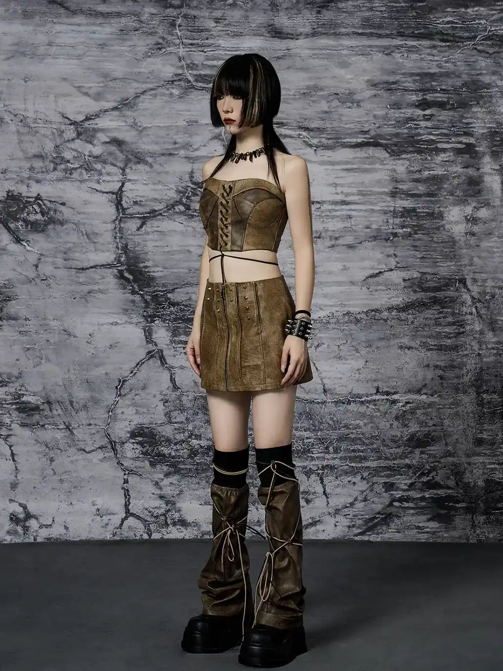 Frustration Garden Distressed Pu Leather Punk Mini Skirt