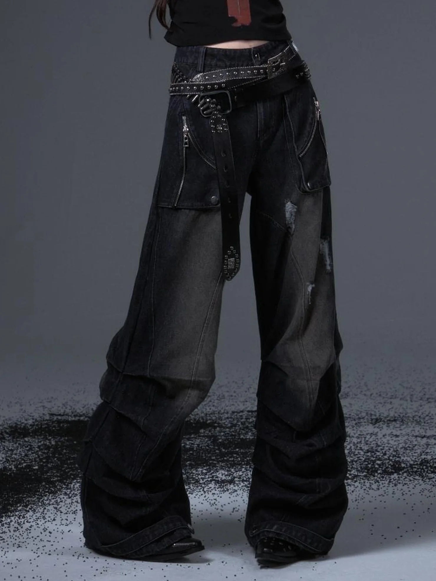 Distressed Punk Wide Leg Cargo Jeans