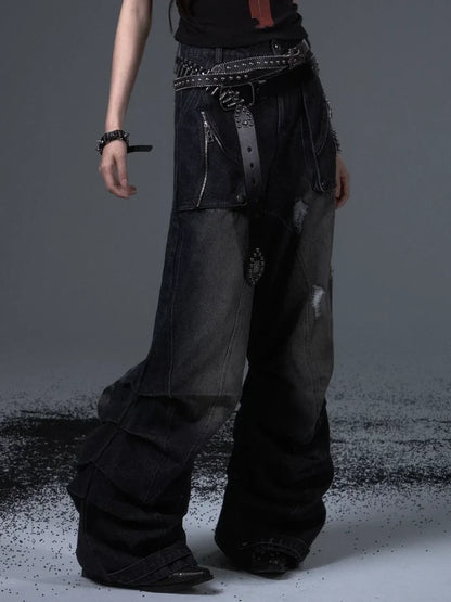 Distressed Punk Wide Leg Cargo Jeans