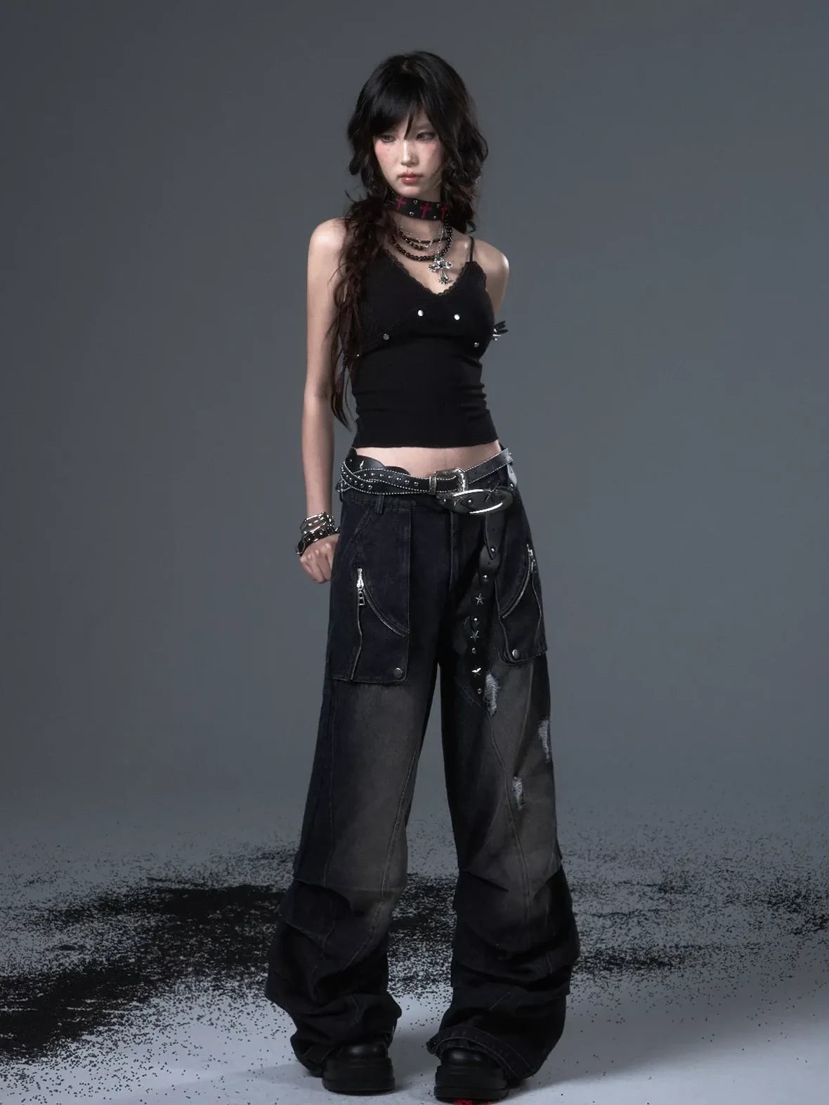 Distressed Punk Wide Leg Cargo Jeans