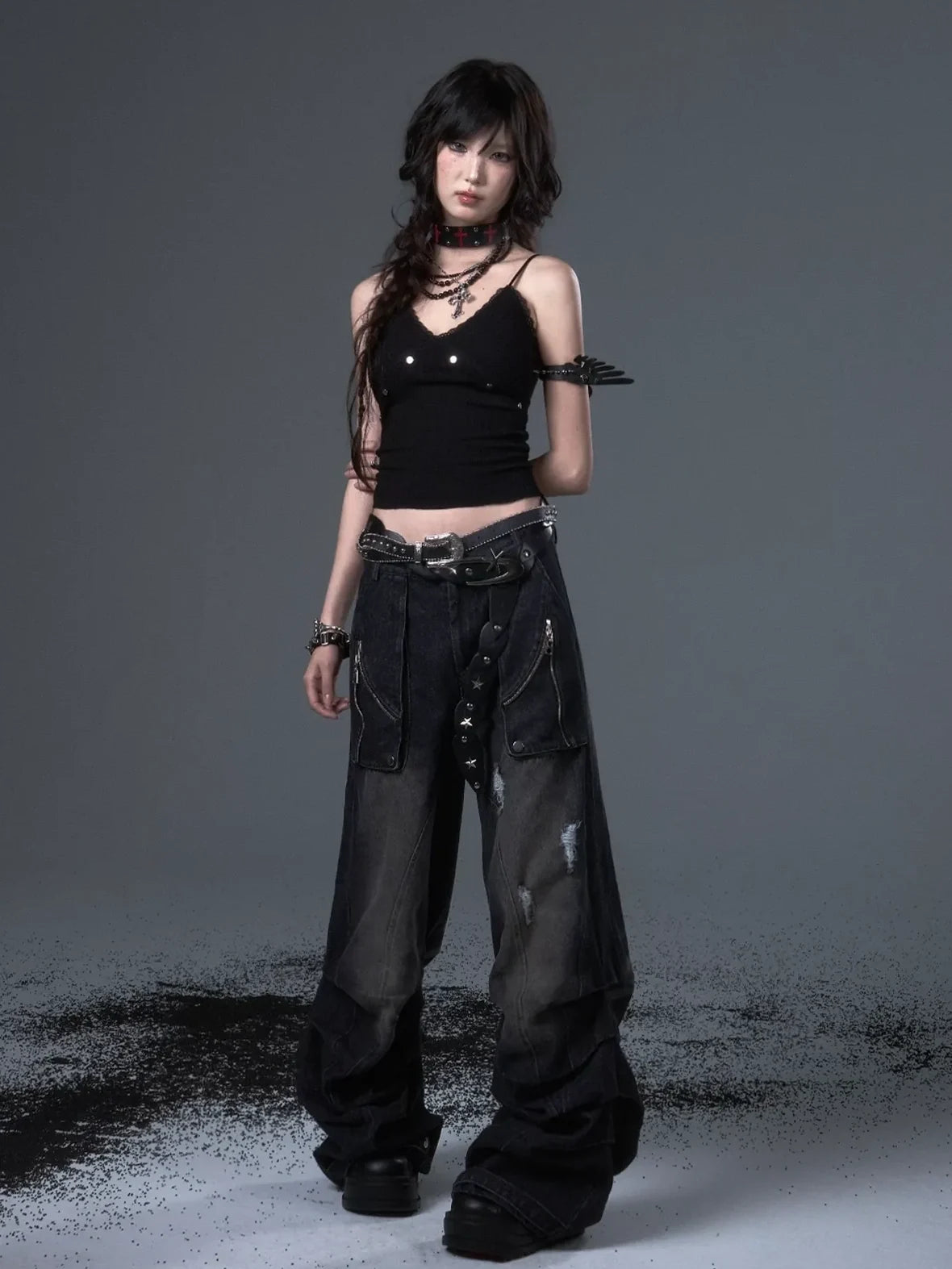 Distressed Punk Wide Leg Cargo Jeans