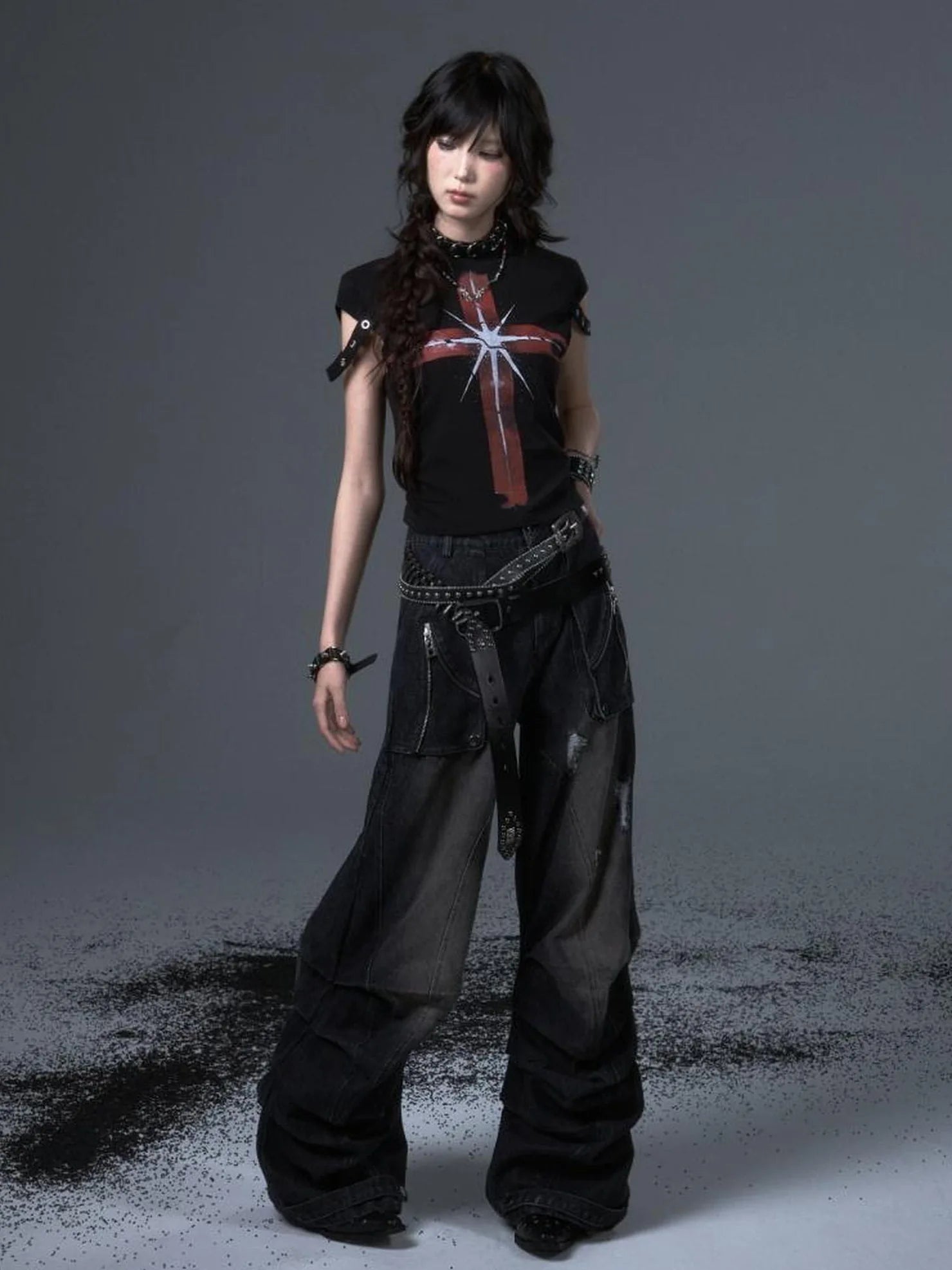 Distressed Punk Wide Leg Cargo Jeans