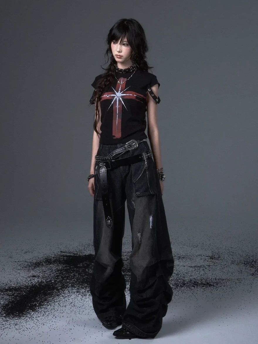 Distressed Punk Wide Leg Cargo Jeans