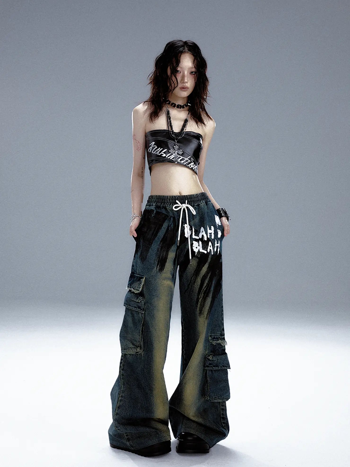 Frustration Garden Distressed Washed Graffiti Wide Leg Jeans