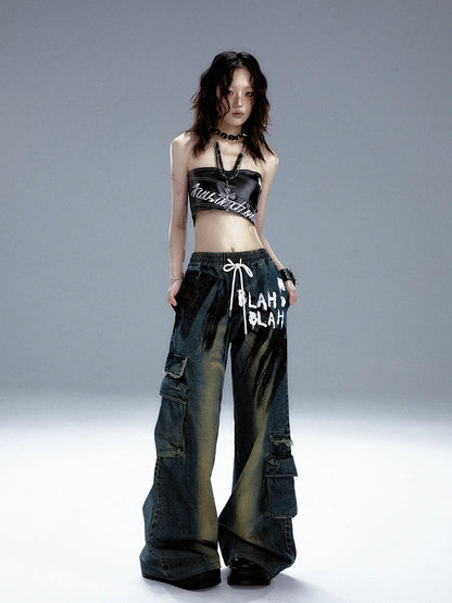 Frustration Garden Distressed Washed Graffiti Wide Leg Jeans