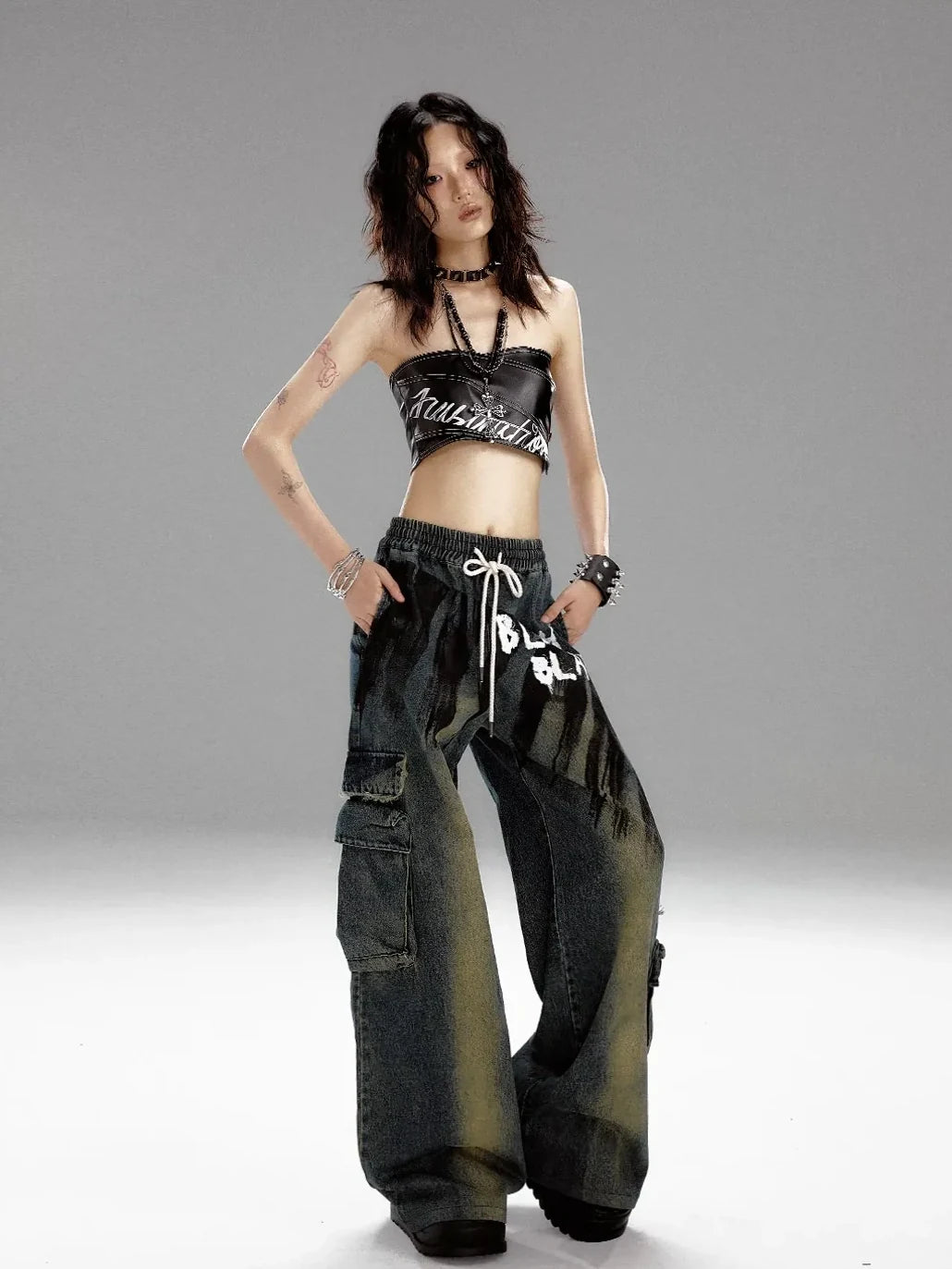 Frustration Garden Distressed Washed Graffiti Wide Leg Jeans