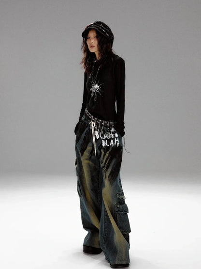 Frustration Garden Distressed Washed Graffiti Wide Leg Jeans