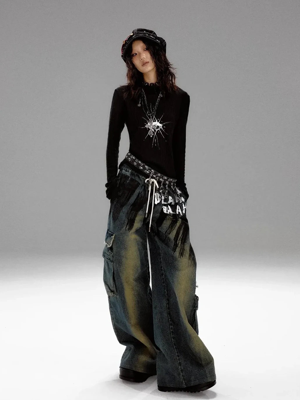 Frustration Garden Distressed Washed Graffiti Wide Leg Jeans