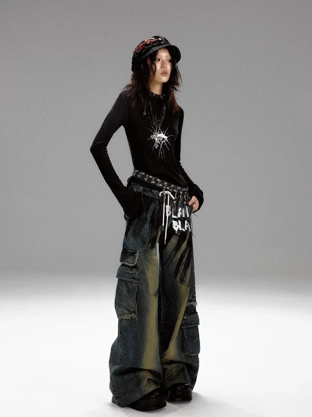 Frustration Garden Distressed Washed Graffiti Wide Leg Jeans